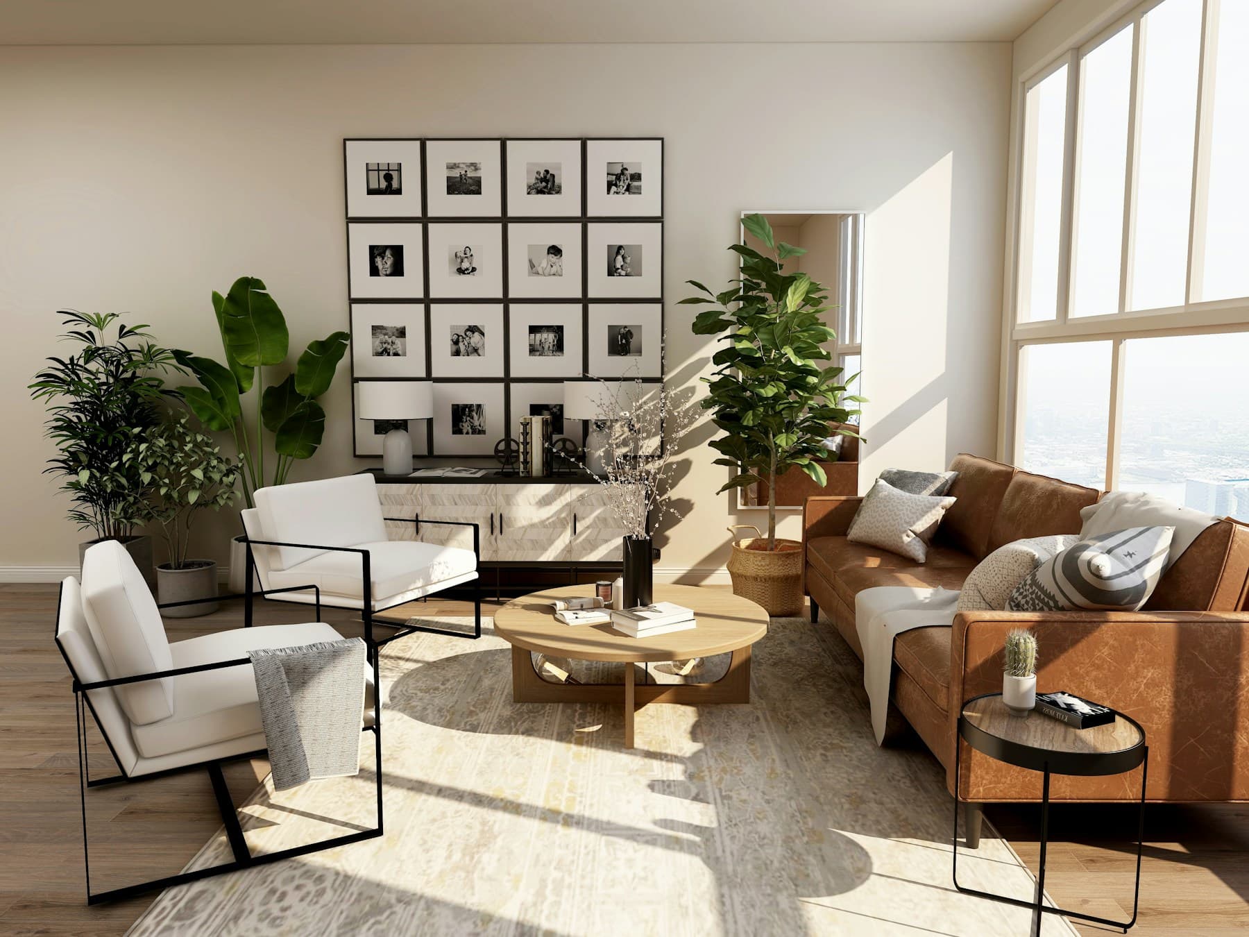 A welcoming, sunlit living room with natural textures
